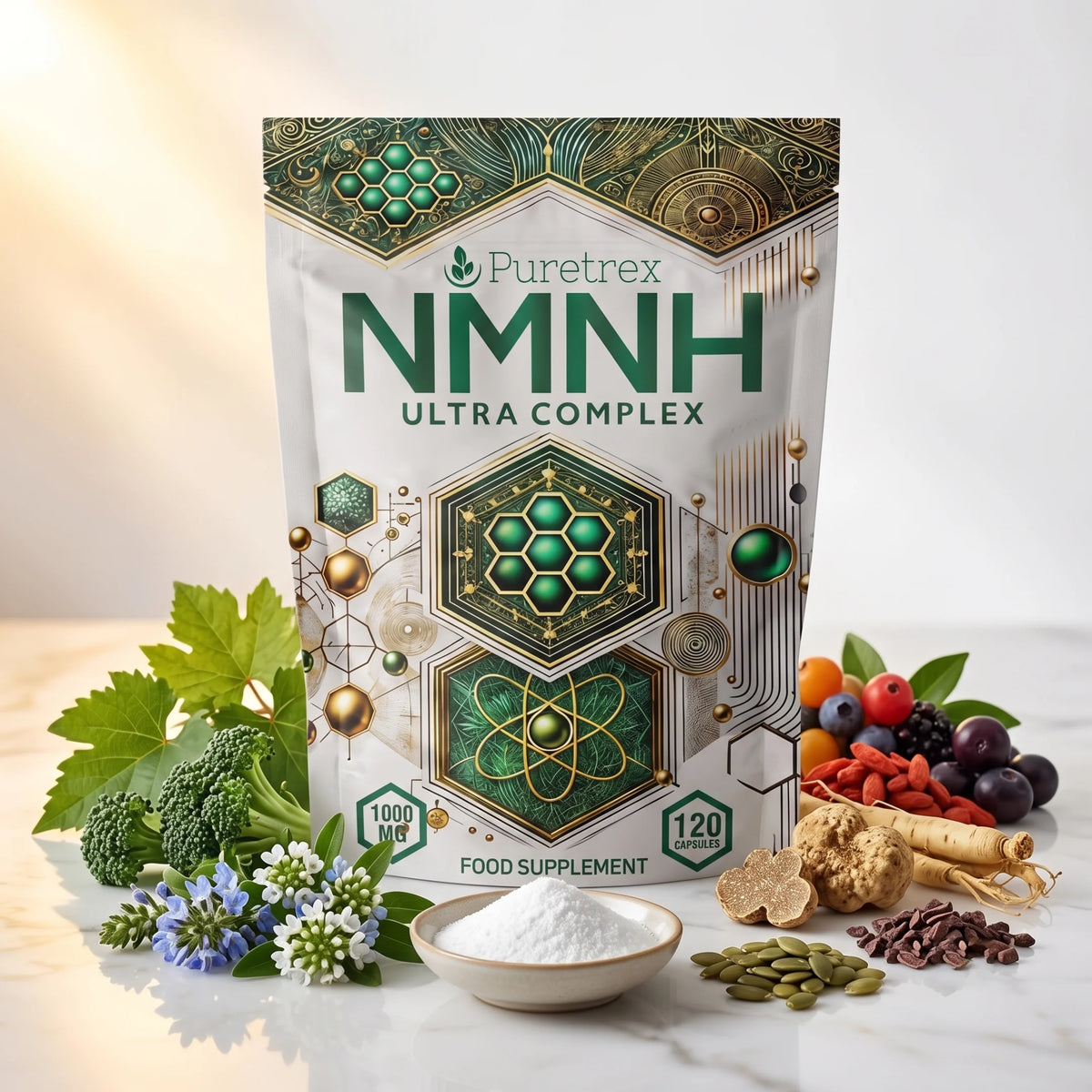 PURETREX NMNH food supplement front pouch in light green packaging with hexagon design, shown on a white marble surface with fresh blueberries, walnuts and botanical ingredients
