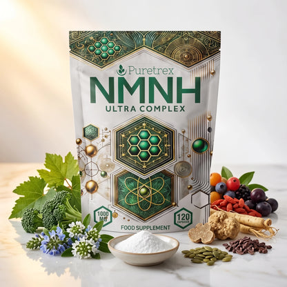 PURETREX NMNH food supplement front pouch in light green packaging with hexagon design, shown on a white marble surface with fresh blueberries, walnuts and botanical ingredients