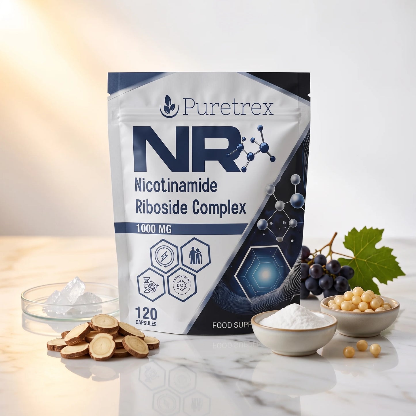 PURETREX NR Nicotinamide Riboside food supplement front pouch in white and navy packaging shown on a white marble surface with capsules in a dish and natural ingredients