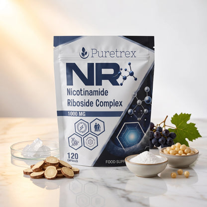 PURETREX NR Nicotinamide Riboside food supplement front pouch in white and navy packaging shown on a white marble surface with capsules in a dish and natural ingredients