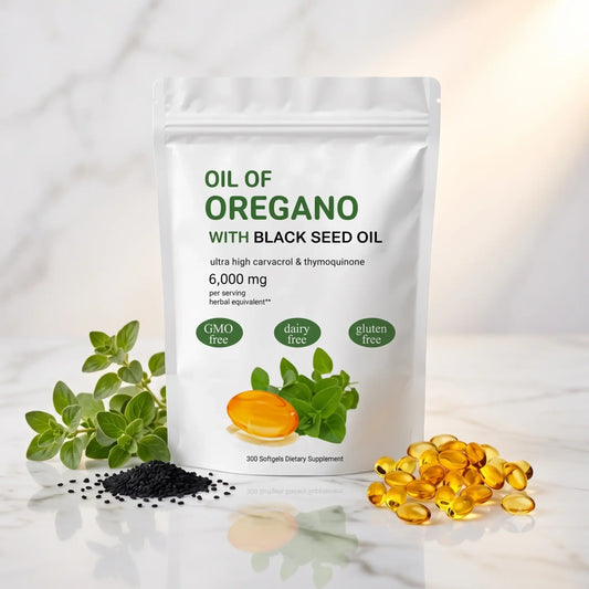 A stand-up pouch of 'Oil of Oregano with Black Seed Oil' dietary supplement, displayed on a light marble surface with fresh oregano leaves, black seeds, and yellow softgel capsules.