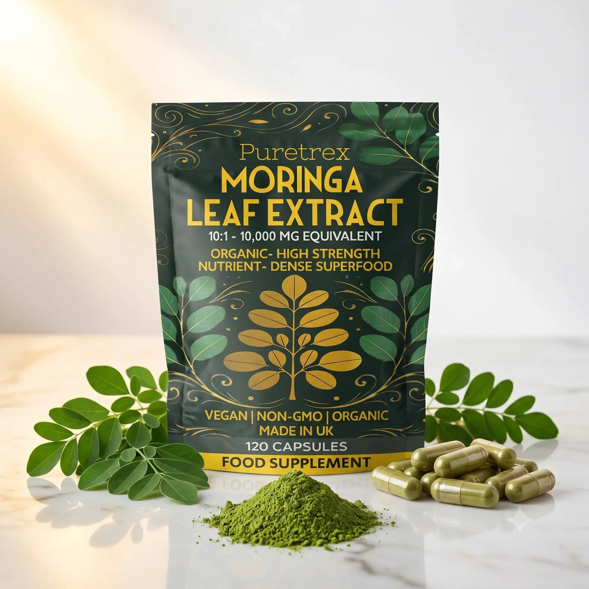 Puretrex Moringa Leaf Extract food supplement pouch in dark green with gold and yellow text, styled on a light marble surface with green leaves, capsules, and a pile of green powder.