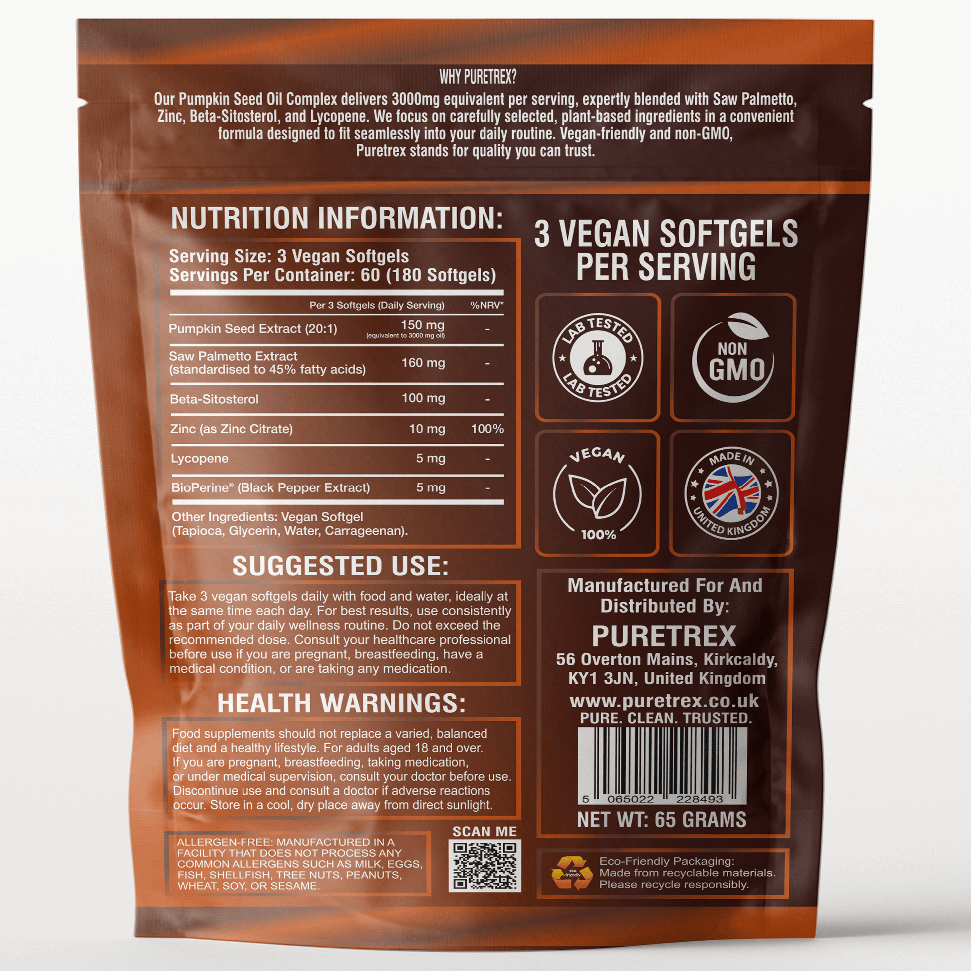 Back label of PURETREX Pumpkin Seed Oil 3000mg with Saw Palmetto, Zinc, Beta-Sitosterol and Lycopene – nutrition facts, ingredients list, suggested use, health warnings, and manufacturer details