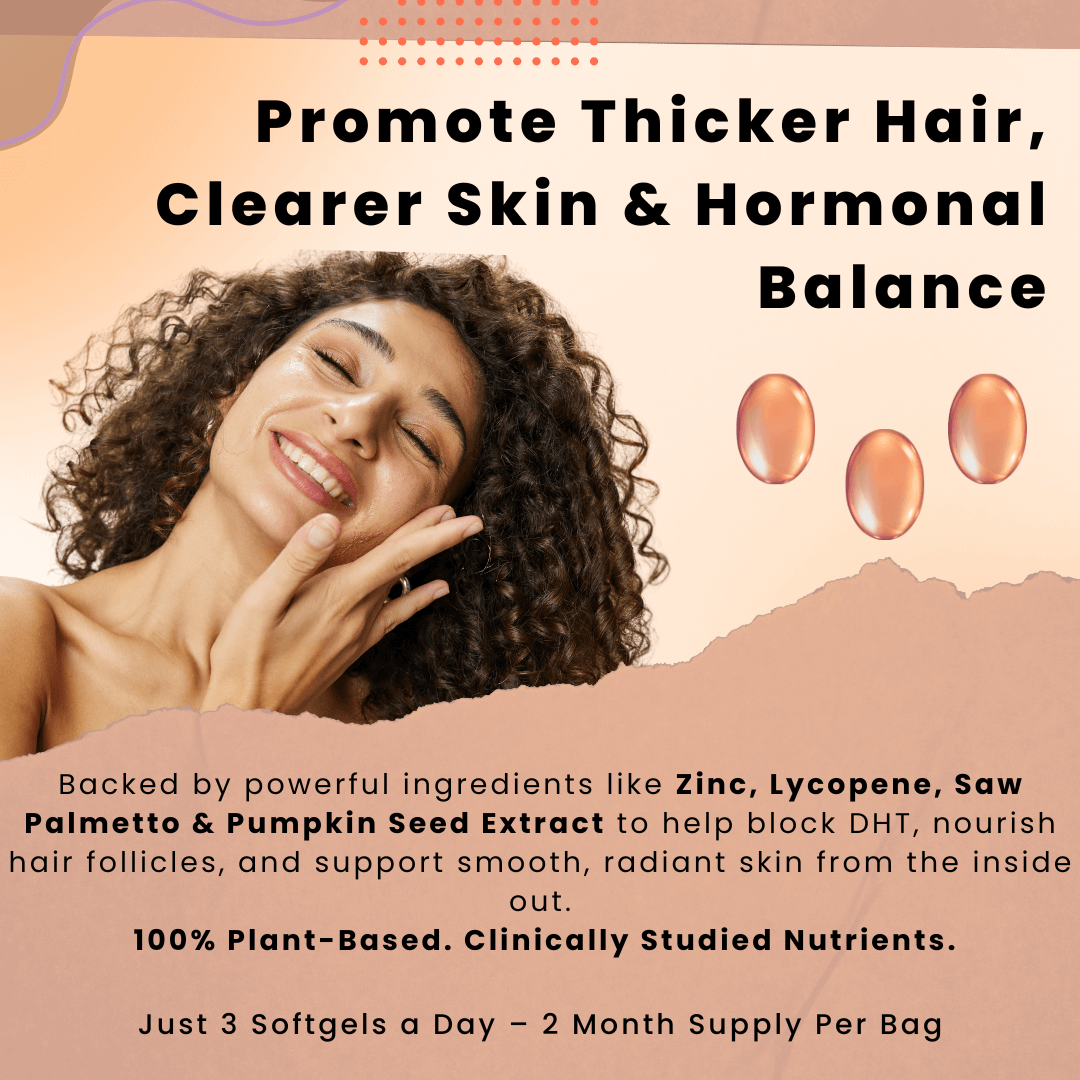 PURETREX Pumpkin Seed Oil 3000mg with Saw Palmetto, Zinc, Beta-Sitosterol and Lycopene – lifestyle image highlighting benefits for thicker hair, clearer skin, and hormonal balance