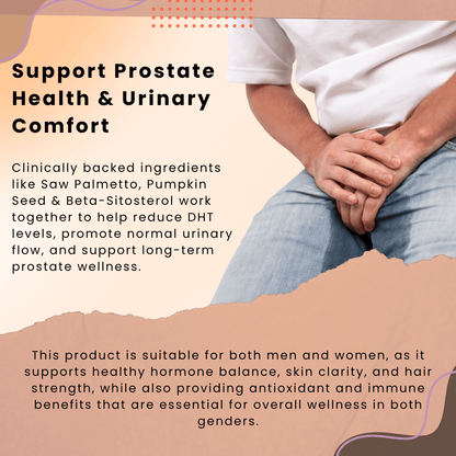 PURETREX Pumpkin Seed Oil 3000mg with Saw Palmetto, Zinc, Beta-Sitosterol and Lycopene – lifestyle image highlighting support for prostate health, urinary comfort, hormone balance, and overall wellness