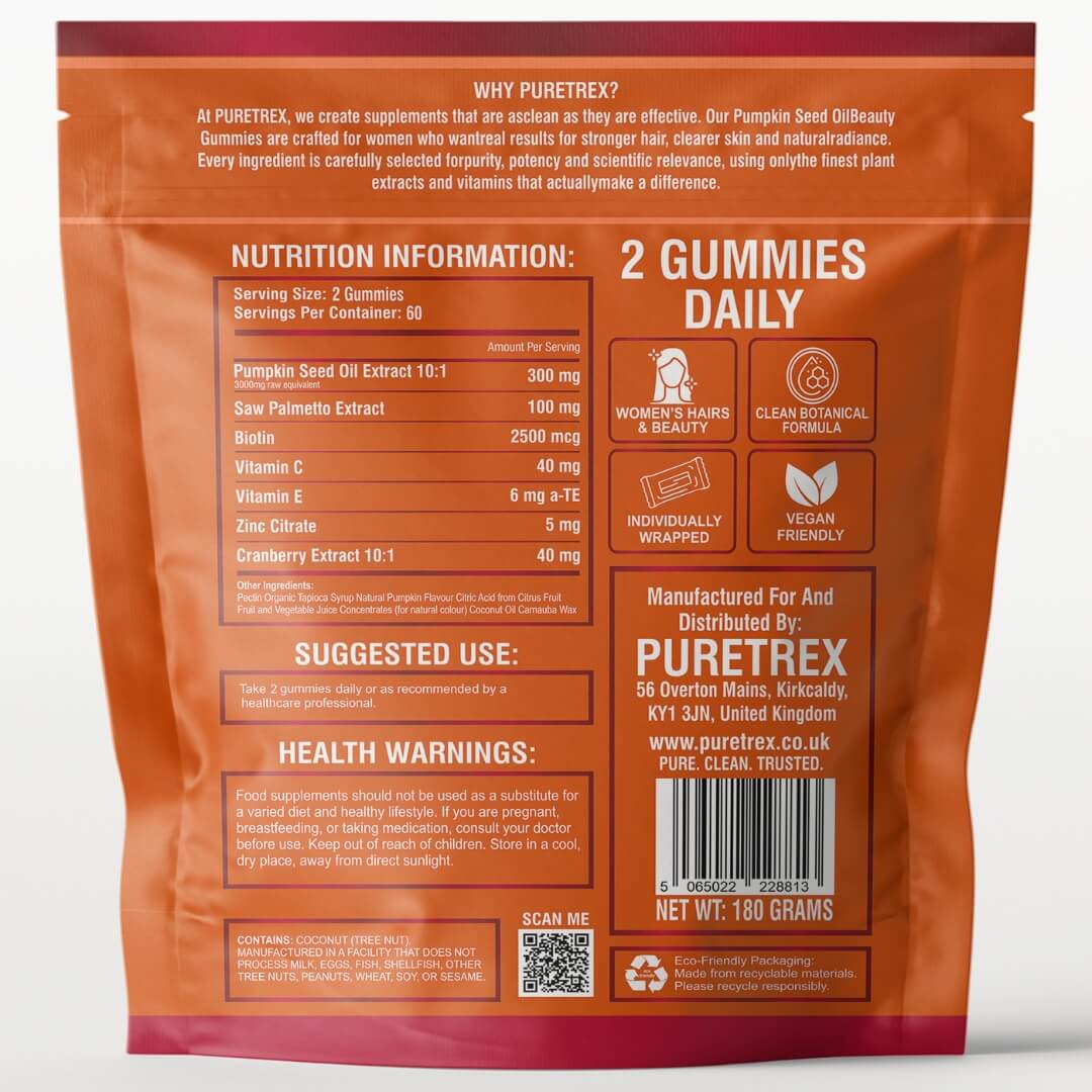 Back of Puretrex Pumpkin Seed Oil Beauty Gummies packaging showing nutrition information, ingredients, suggested use, warnings, barcode and recycling symbols