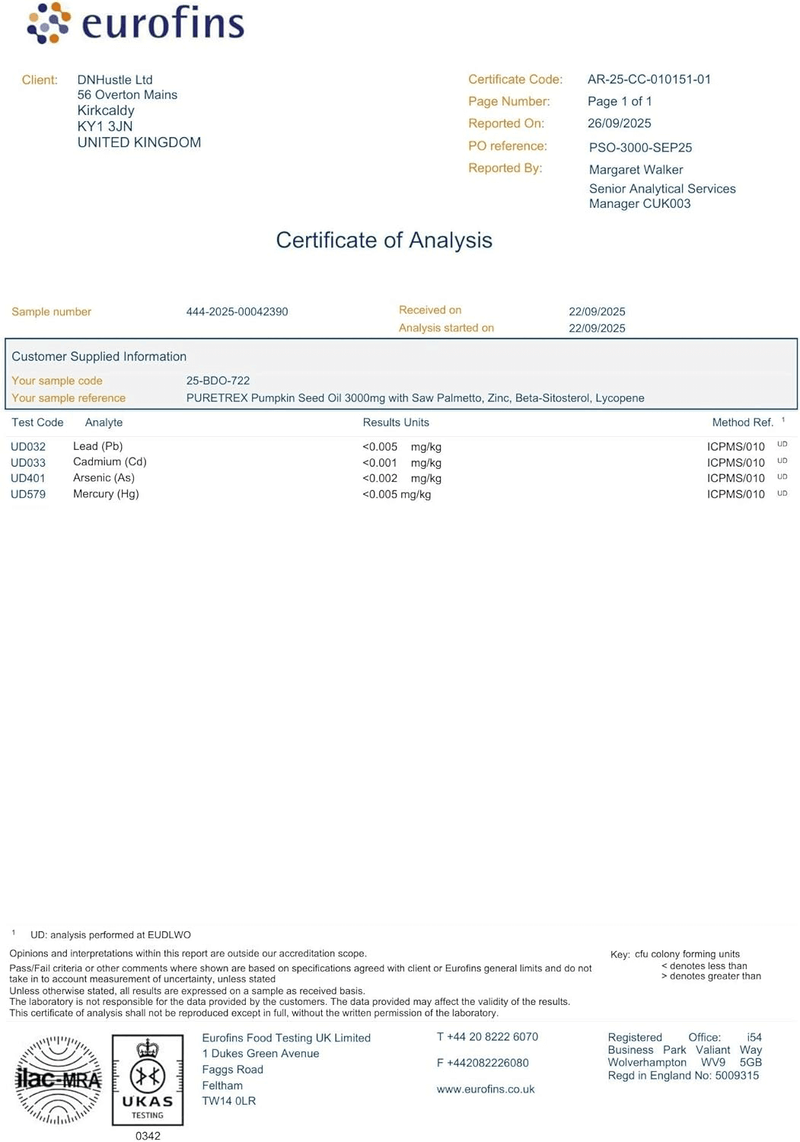 Third-party lab test certificate for PURETREX Pumpkin Seed Oil + Saw Palmetto