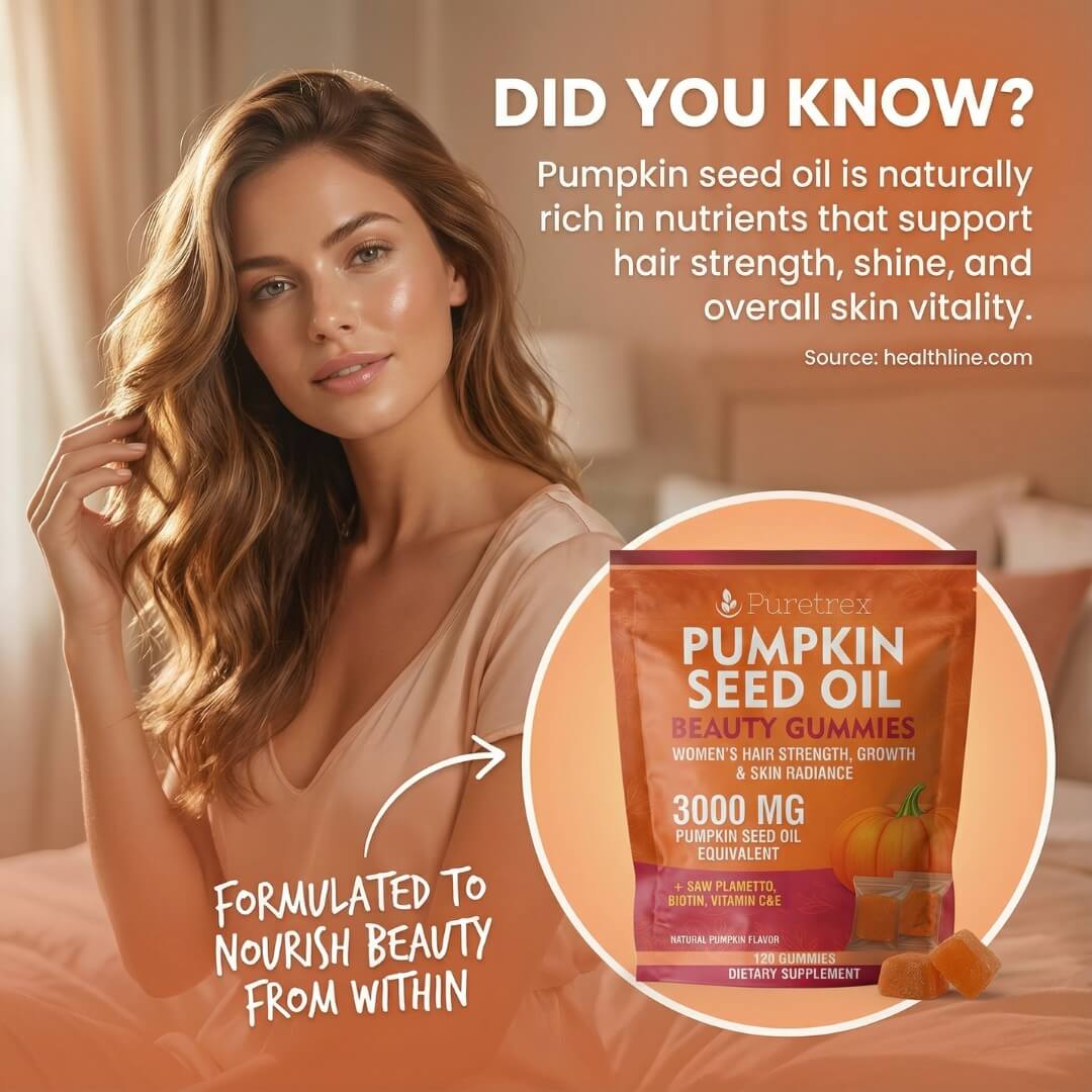 Did you know panel explaining the beauty benefits of pumpkin seed oil in Puretrex Pumpkin Seed Oil Beauty Gummies for women’s hair and skin support