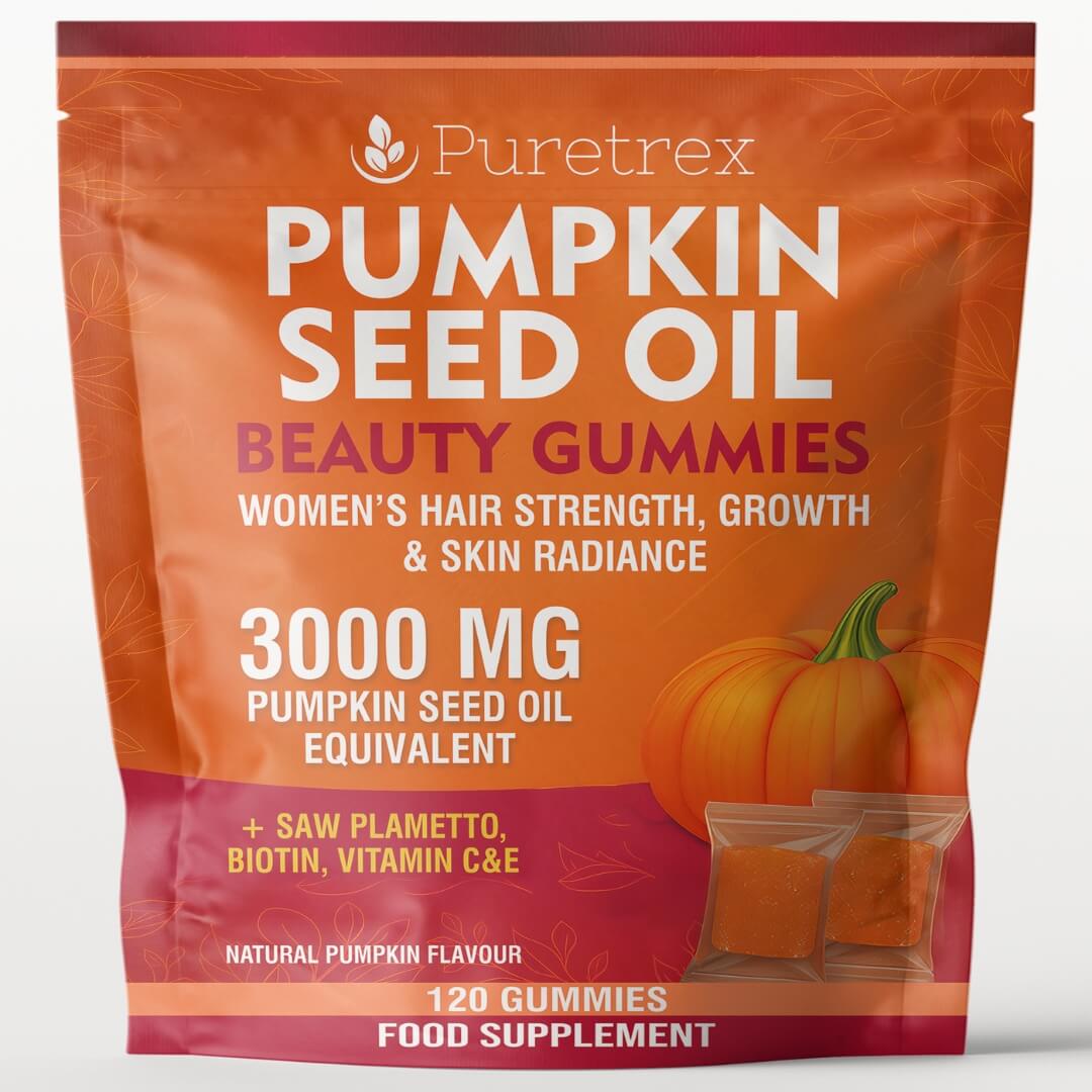 Puretrex Pumpkin Seed Oil Beauty Gummies front packaging showing women’s hair strength, growth and skin radiance support with 3000 mg pumpkin seed oil equivalent