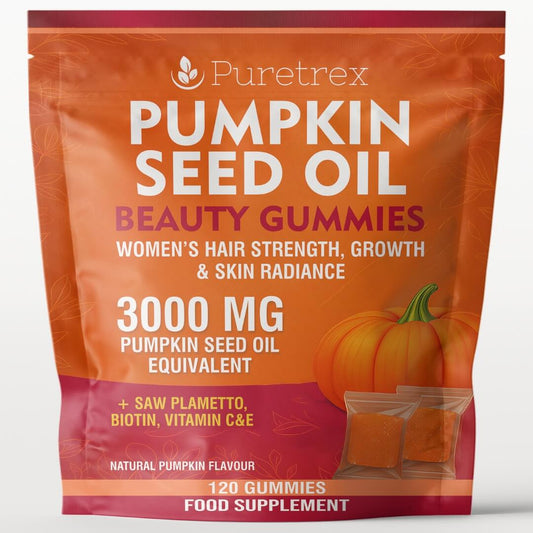 Puretrex Pumpkin Seed Oil Beauty Gummies front packaging showing women’s hair strength, growth and skin radiance support with 3000 mg pumpkin seed oil equivalent