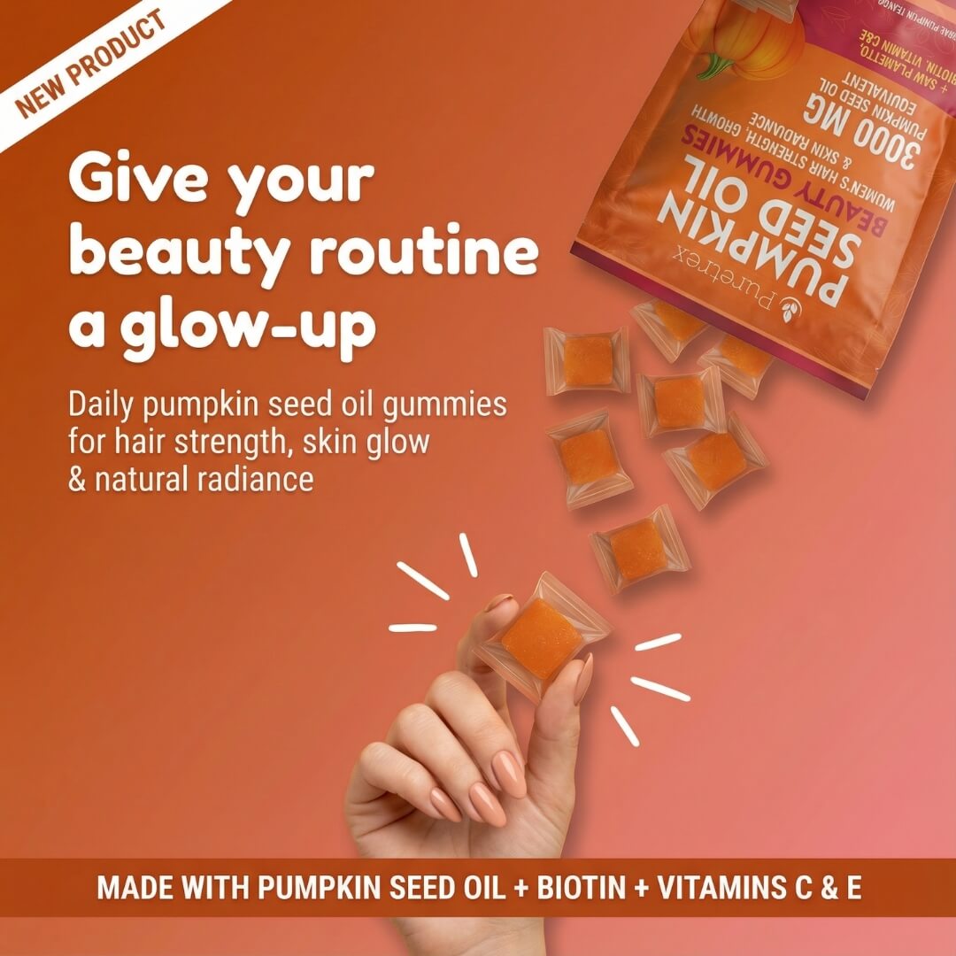 Puretrex Pumpkin Seed Oil Beauty Gummies lifestyle image showing a daily glow up routine with gummy supplements for hair and skin support