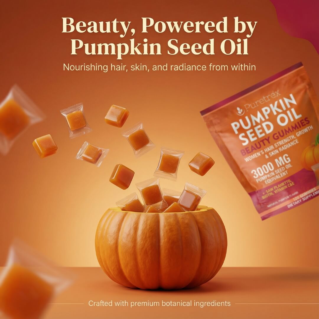 Puretrex Pumpkin Seed Oil Beauty Gummies powered by pumpkin seed oil, highlighting natural beauty support for hair, skin and overall radiance