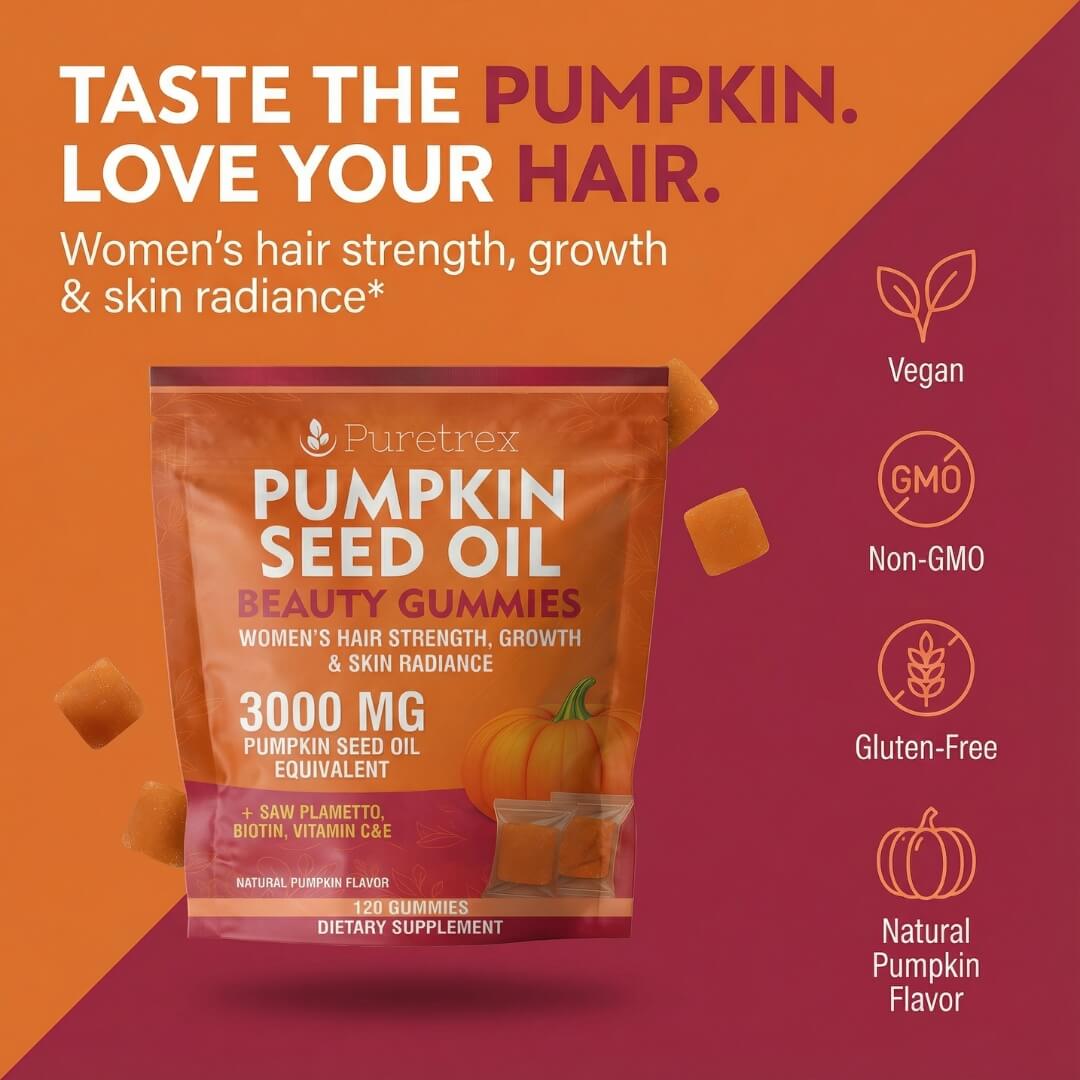 Puretrex Pumpkin Seed Oil Beauty Gummies taste the pumpkin image highlighting flavour, texture and beauty benefits for hair strength and growth