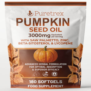 Front view of PURETREX Pumpkin Seed Oil food supplement pouch on a light background, showing the product name Pumpkin Seed Oil and dosage of 3000 milligrams equivalent per serving, with added saw palmetto, zinc, beta sitosterol and lycopene, illustrated pumpkin and autumn leaves, text highlighting advanced herbal formulation for optimal absorption and superior efficacy, and icons indicating quality standards and 180 softgels inside the pack