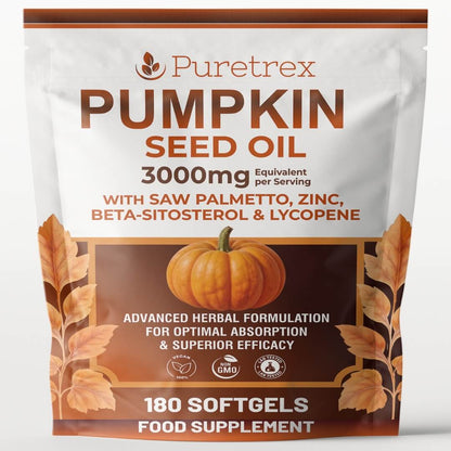 Front view of PURETREX Pumpkin Seed Oil food supplement pouch on a light background, showing the product name Pumpkin Seed Oil and dosage of 3000 milligrams equivalent per serving, with added saw palmetto, zinc, beta sitosterol and lycopene, illustrated pumpkin and autumn leaves, text highlighting advanced herbal formulation for optimal absorption and superior efficacy, and icons indicating quality standards and 180 softgels inside the pack