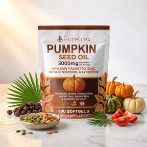 Puretrex Pumpkin Seed Oil 3000mg food supplement pouch, surrounded by fresh pumpkin seeds, sliced tomatoes, and small pumpkins on a light marble surface with a warm glowing background.