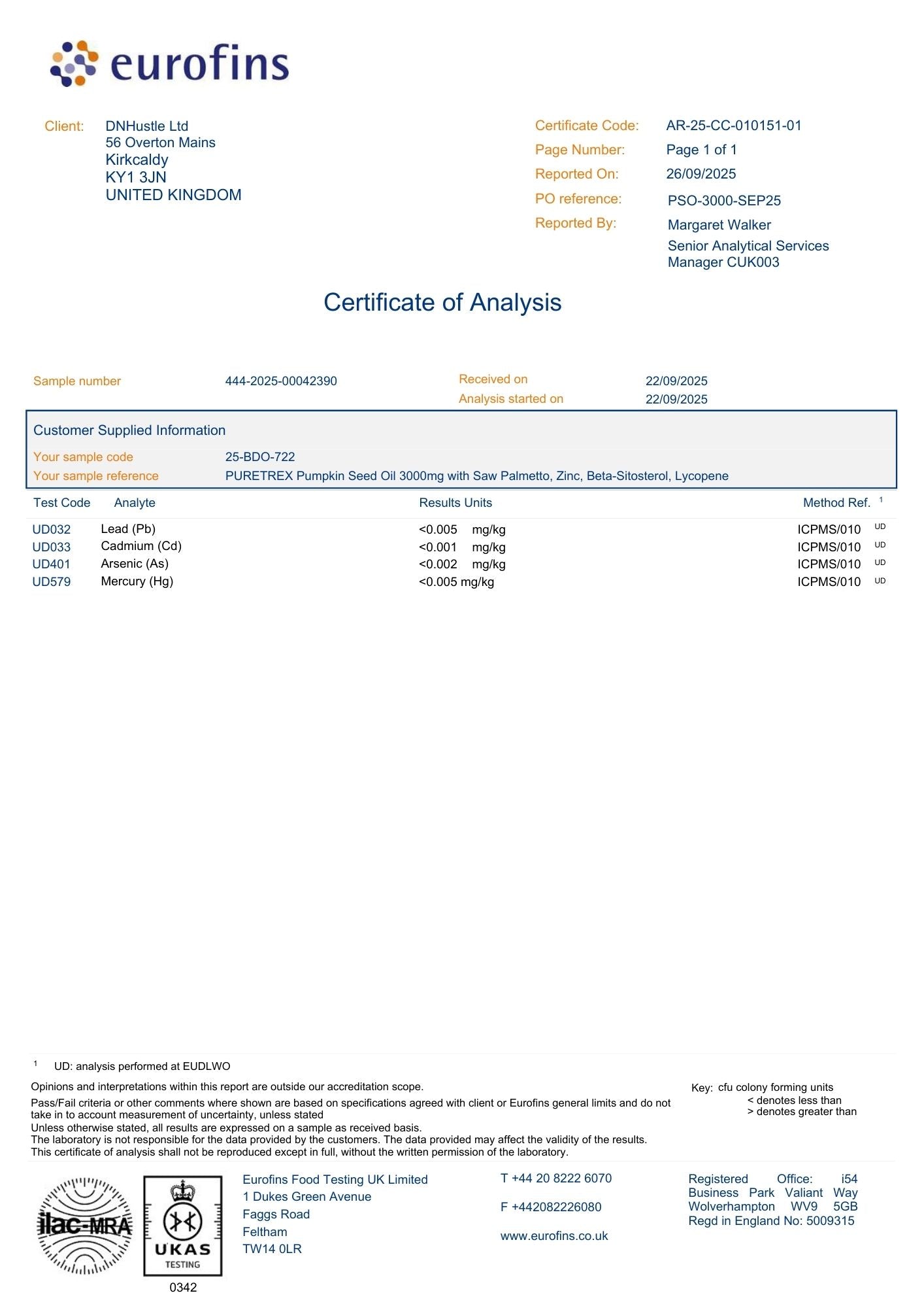 Laboratory test report document displaying analytical results for PURETREX Pumpkin Seed Oil supplement, including product identification details, testing parameters, quality control results and compliance information presented in a formal report layout