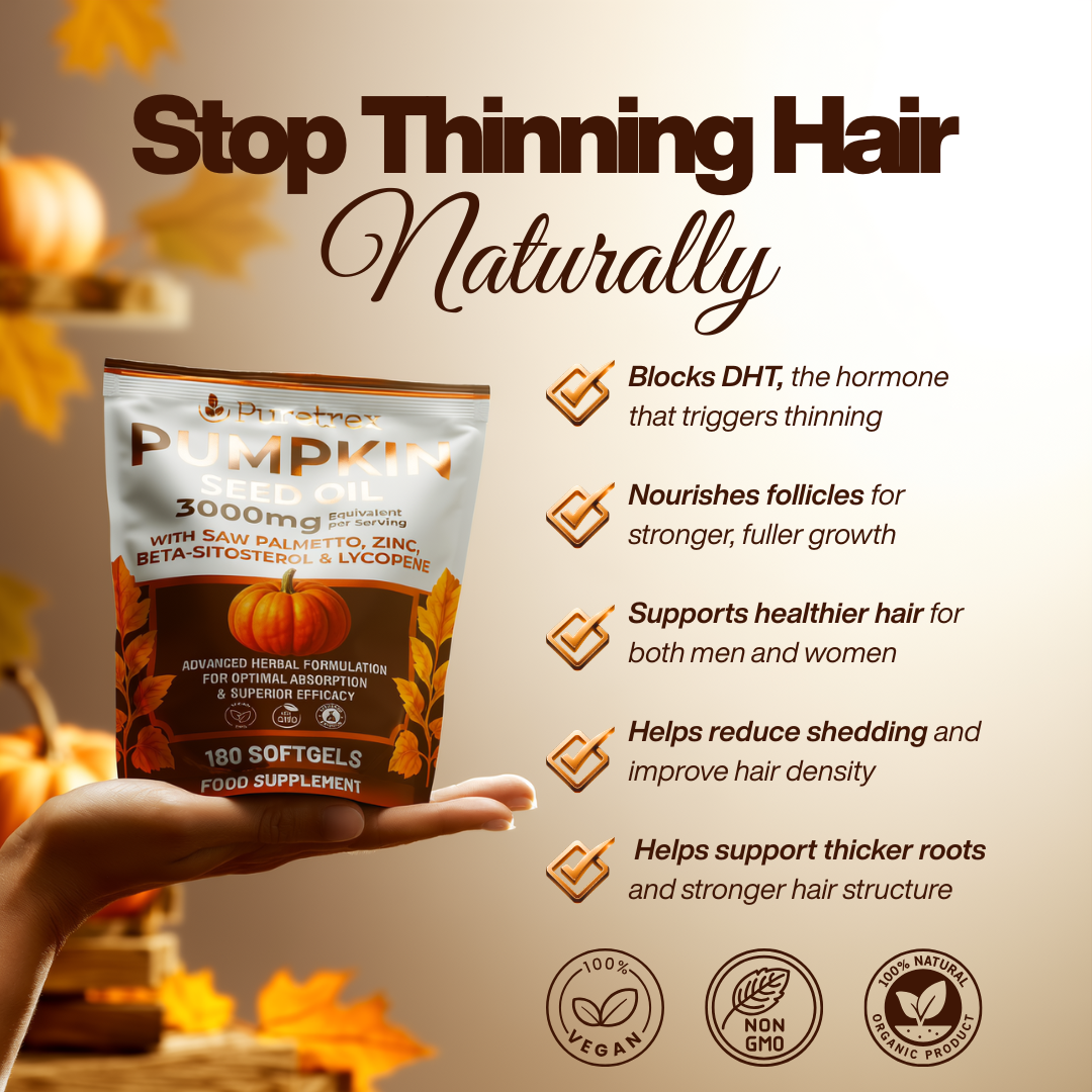 Infographic titled Stop Thinning Hair Naturally showing PURETREX Pumpkin Seed Oil bottle held in hand, with explanatory text and icons describing how pumpkin seed oil, saw palmetto, zinc and plant compounds support hair strength, scalp health and, presented in warm autumn themed colours
