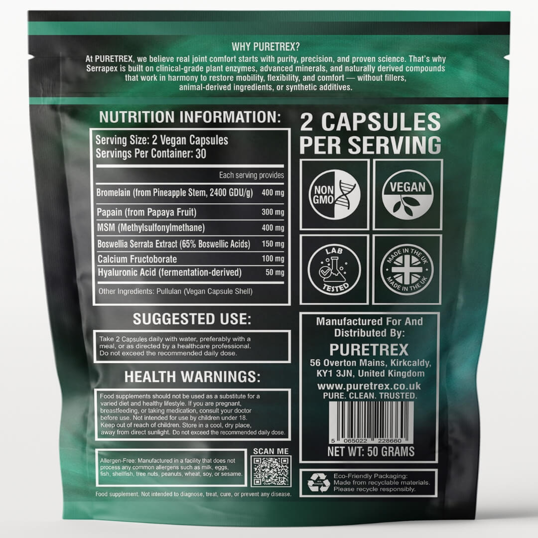 Back of Puretrex Serrapex packaging showing nutrition information, ingredients, directions for use, warnings, barcode and recycling details