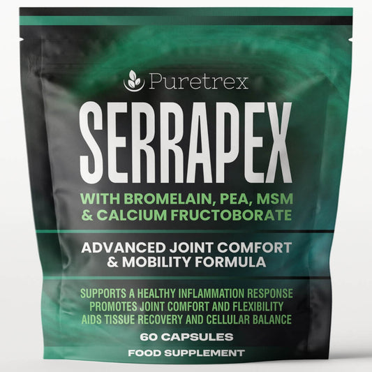 Puretrex Serrapex front packaging showing advanced joint comfort and mobility formula with serrapeptase, bromelain, PEA, MSM and calcium fructoborate