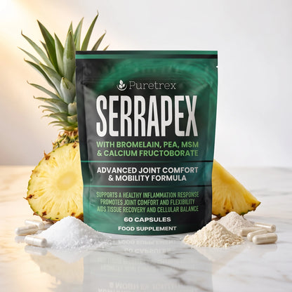PURETREX Serrapex food supplement front pouch in green and yellow packaging shown on a white marble surface with fresh pineapple and botanical ingredients