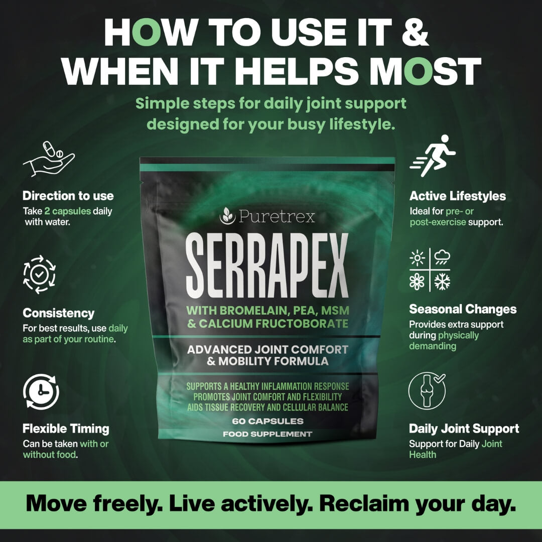 How to use Puretrex Serrapex image showing dosage guidance, timing and daily support, flexibility and
