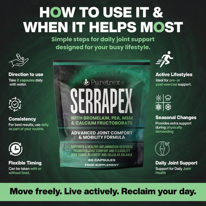 How to use Puretrex Serrapex image showing dosage guidance, timing and daily support, flexibility and