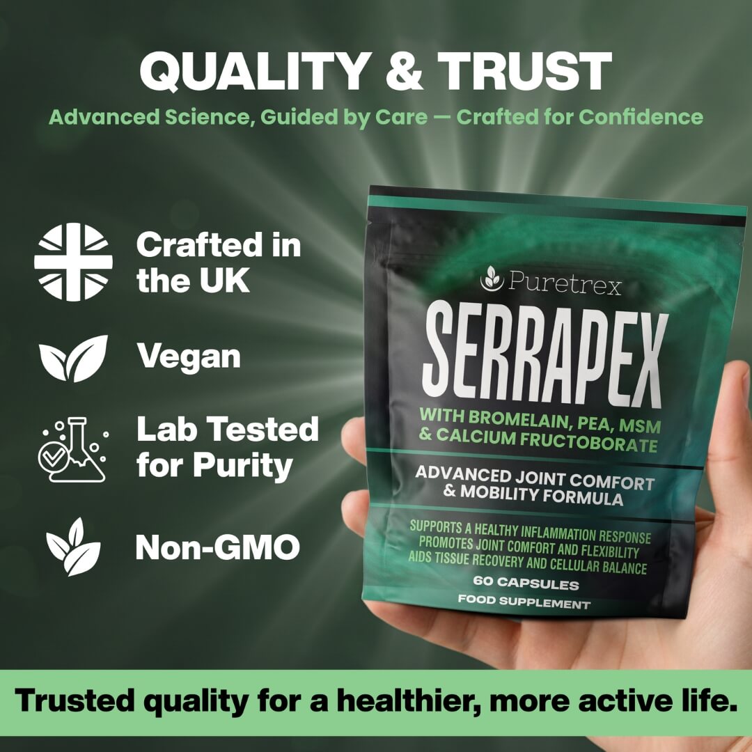 Puretrex Serrapex quality and trust image highlighting UK manufacturing, vegan friendly formula, lab testing and non-GMO standards