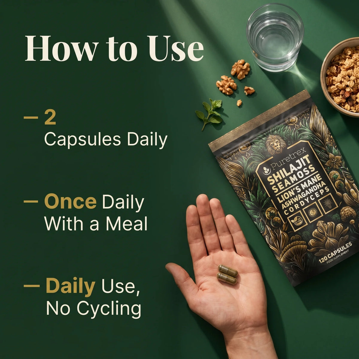 Puretrex Shilajit Sea Moss supplement dosage instructions showing 2 capsules daily with a meal, hand holding capsules with product pouch and glass of water