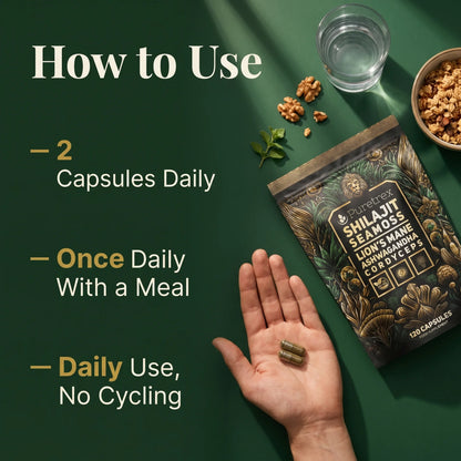 Puretrex Shilajit Sea Moss supplement dosage instructions showing 2 capsules daily with a meal, hand holding capsules with product pouch and glass of water
