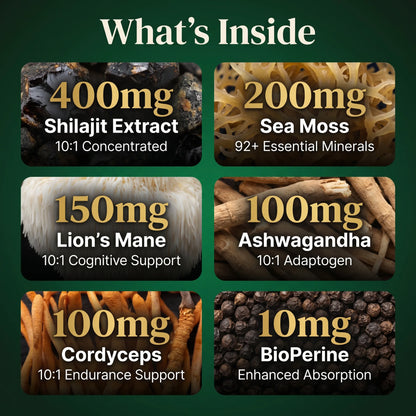 Puretrex Shilajit Sea Moss supplement ingredients and doses including 400mg Shilajit Extract, 200mg Sea Moss, 150mg Lions Mane, 100mg Ashwagandha, 100mg Cordyceps, and 10mg BioPerine