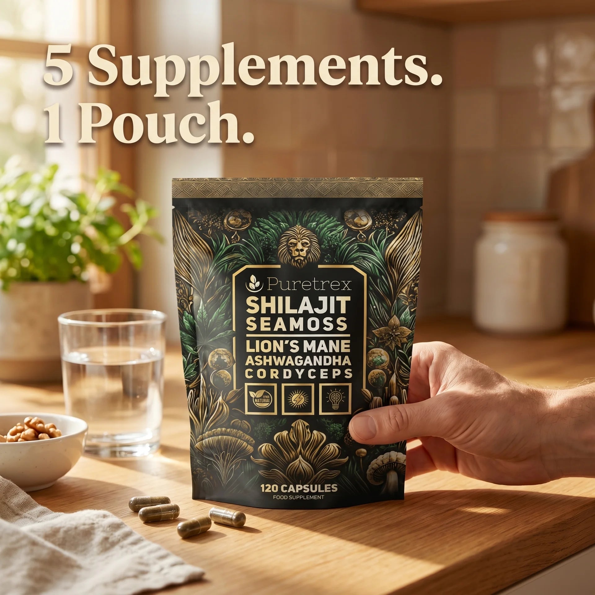 Puretrex Shilajit Sea Moss supplement pouch held in hand on kitchen counter with capsules and glass of water in morning setting