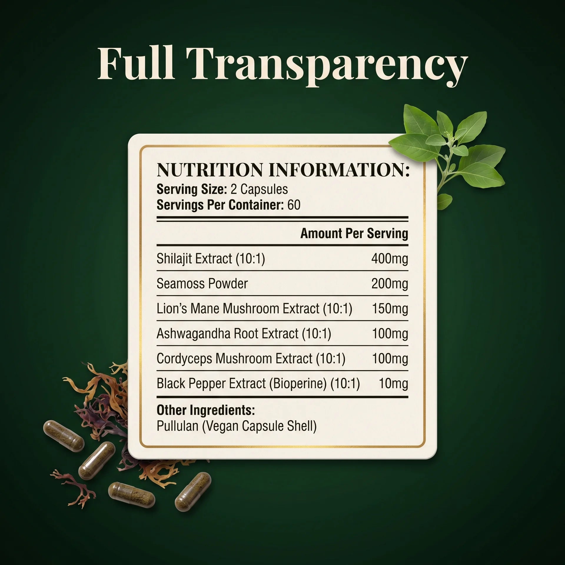 Puretrex Shilajit Sea Moss supplement nutrition information panel showing full ingredient list with doses per 2 capsule serving, 60 servings per container