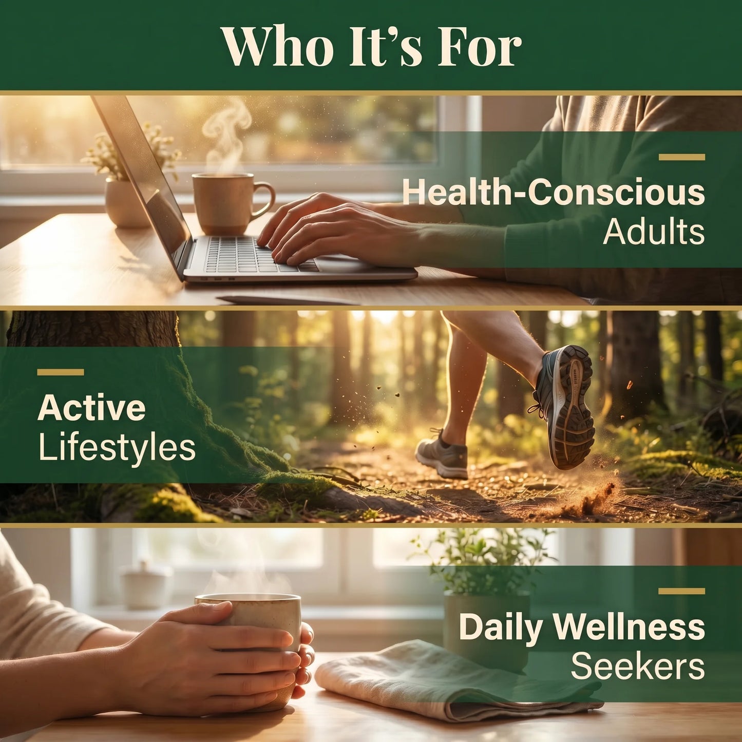 Puretrex Shilajit Sea Moss supplement target users including health-conscious adults, active lifestyles, and daily wellness seekers shown in lifestyle scenes