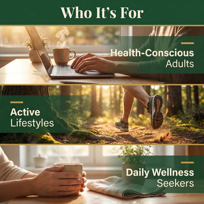 Puretrex Shilajit Sea Moss supplement target users including health-conscious adults, active lifestyles, and daily wellness seekers shown in lifestyle scenes