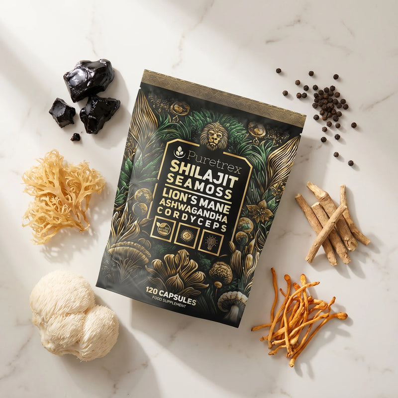 Puretrex Shilajit Sea Moss supplement pouch with raw shilajit resin and dried sea moss — energy and focus supplement UK