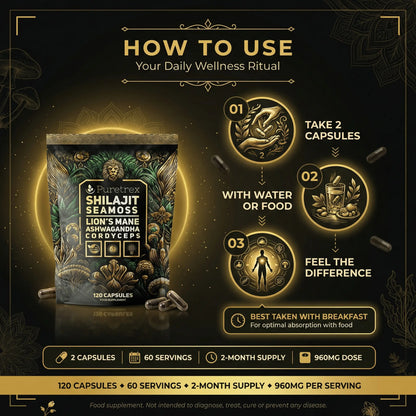 How to Use Puretrex Shilajit Sea Moss 6-in-1 Superblend Take 2 Capsules Daily with Breakfast 60 Servings 2-Month Supply 960mg Per Serving