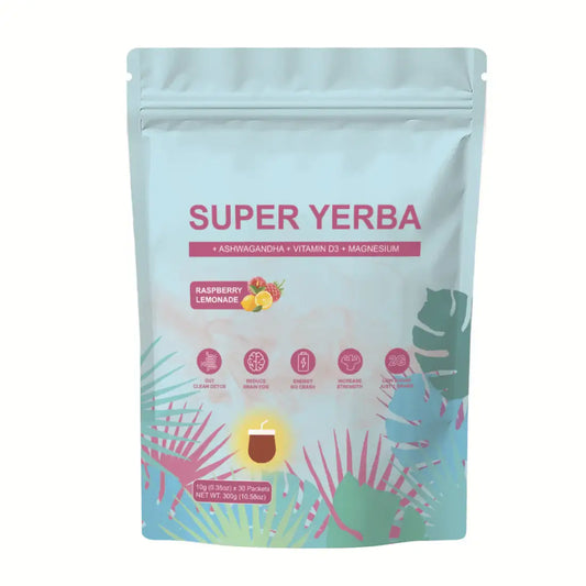 PURETREX Super Yerba Raspberry Lemonade energy drink mix with Ashwagandha, Vitamin D3, and Magnesium, pouch packaging with tropical design for focus and vitality