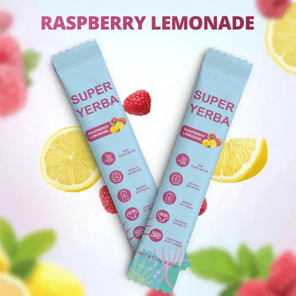 PURETREX Super Yerba Raspberry Lemonade sachets shown with lemons and raspberries, highlighting refreshing flavor and benefits