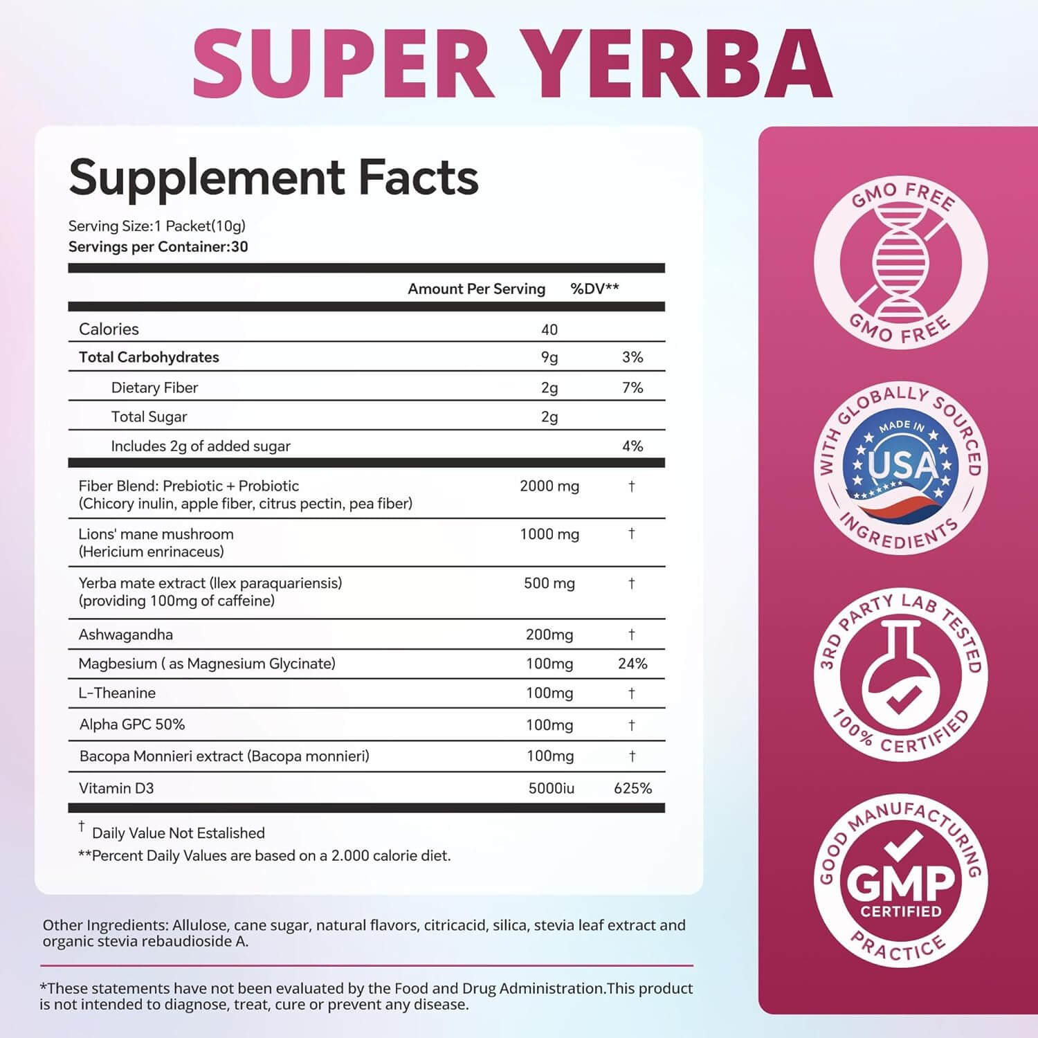 Supplement Facts for PURETREX Super Yerba drink mix showing dosage, nutritional values, and ingredient information for energy and hydration support