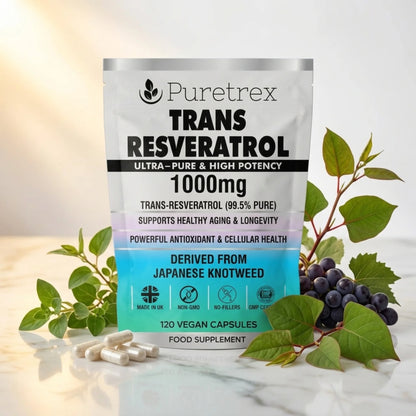 PURETREX Trans Resveratrol 1000mg food supplement front pouch shown on a white marble surface with red grapes, dark berries and botanical ingredients in premium packaging