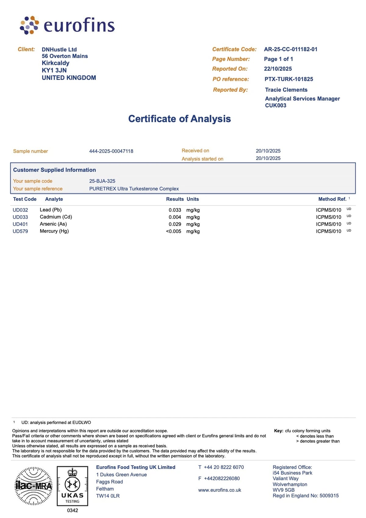 Certificate of Analysis — heavy metals test results for Ultra Turkesterone Complex – 5000mg with BioPerine® & Rhodiola