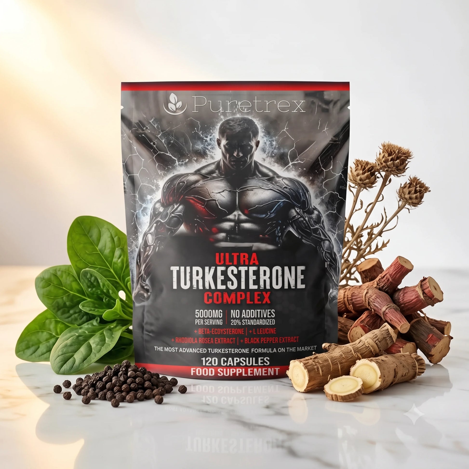PURETREX Ultra Turkesterone Complex 5000mg equivalent per serving food supplement front pouch with 120 capsules, premium black packaging with red label shown on a white marble surface with fresh green leaves, black peppercorns and natural root slices, formula with Ajuga Turkestanica extract, Beta-Ecdysterone, L-Leucine, Rhodiola Rosea and BioPerine, made in UK