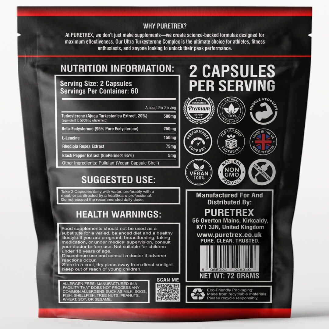 Back label of PURETREX Ultra Turkesterone Complex pouch showing full nutrition information per 2 capsule serving, suggested use directions, health warnings, quality certification icons and UK manufacturer details