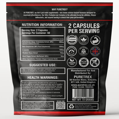 Back label of PURETREX Ultra Turkesterone Complex pouch showing full nutrition information per 2 capsule serving, suggested use directions, health warnings, quality certification icons and UK manufacturer details