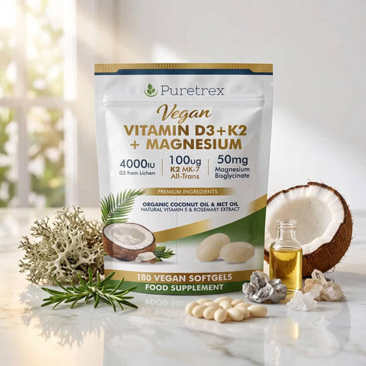Puretrex Vegan Vitamin D3 and K2 + Magnesium food supplement pouch shown on a light marble surface with a coconut, olive oil bottle, softgels, and botanical props.