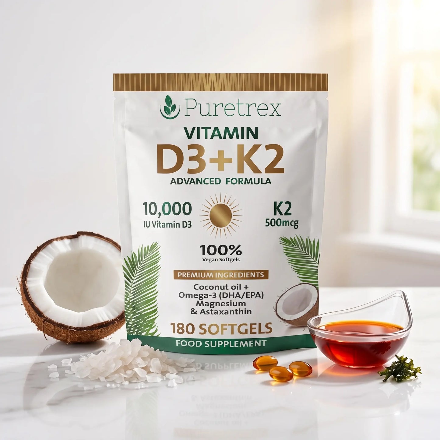 Puretrex Vitamin D3+K2 food supplement pouch displayed on a light surface with a halved coconut, loose softgels, a small glass bowl of amber liquid, and green leaves as props.