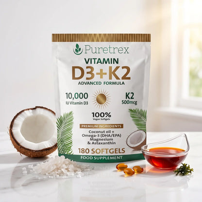 Puretrex Vitamin D3+K2 food supplement pouch displayed on a light surface with a halved coconut, loose softgels, a small glass bowl of amber liquid, and green leaves as props.