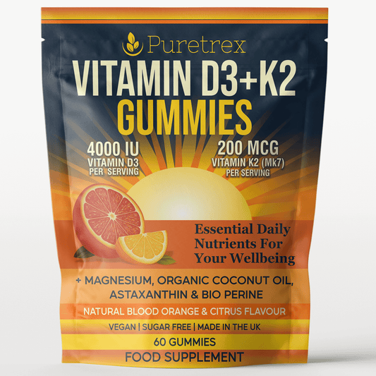 Puretrex Vitamin D3 K2 Gummies 4000 IU with 200 mcg MK7, magnesium, organic coconut oil, astaxanthin and BioPerine, natural blood orange citrus flavour, vegan sugar free supplement