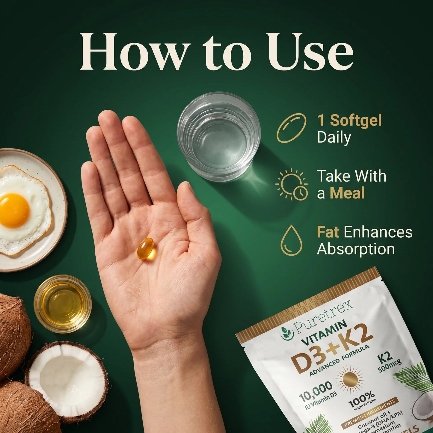 How to use Puretrex D3 K2 one softgel daily with a meal for enhanced fat-soluble vitamin absorption